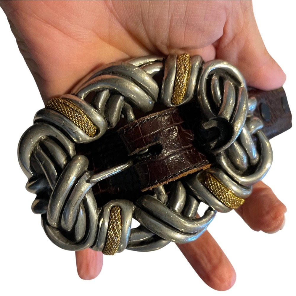 Women's Vintage Western Belt‎ Knot Buckle Brown Leather Lizard Embossed Belt